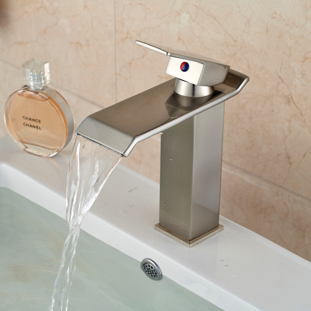 Chiasso Single Handle Waterfall Brushed Nickel Deck Mount Bathroom Faucet